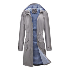 Long Casual Windbreaker Women's Waterproof Hooded Solid Color  Striped Lining Straight Coat