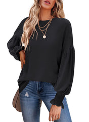 Women's Tops Round Neck Pleated Lantern Sleeve Women's Long European And American T-shirt