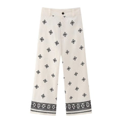 Geometric Embroidery Wide Leg Straight Casual Pants