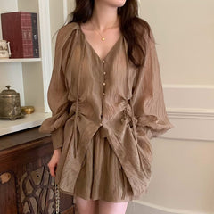 Retro Temperament V-neck Lace-up Pleated Long-sleeved Shirt And Shorts Set