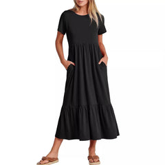 Women's Sub-round Neck Pleating Layered Large Swing Casual Dress