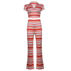 Short Sleeve Crop Slim  Waist Straight Slim Trousers Two-piece Set