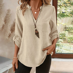 Womens Casual Summer Shirts Notch V Neck Blouses 3 4 Roll Sleeve Tunics Tops