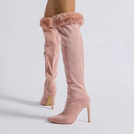 Fine Heel Boots Large Tube Girth Pointed Tip Sleeve Lace Boots