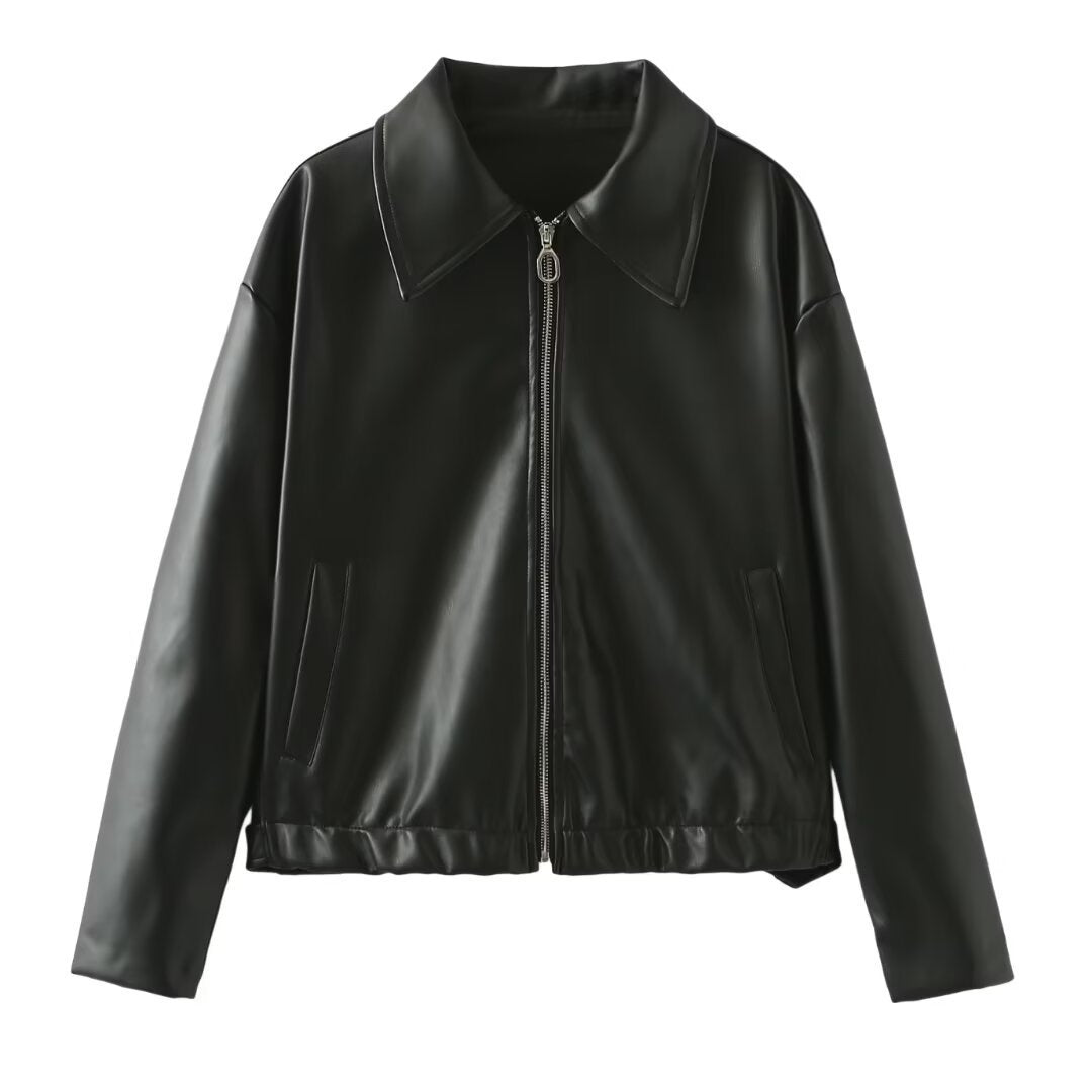 Lapel Zipper Jacket  Casual Long Sleeve Leather Coat