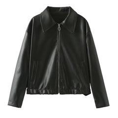 Lapel Zipper Jacket  Casual Long Sleeve Leather Coat