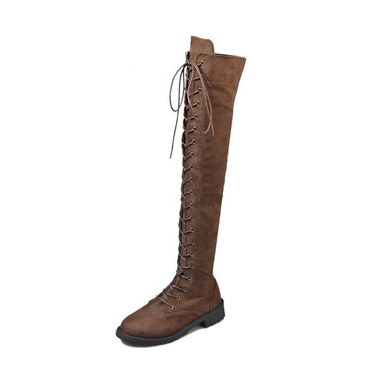 Lace-up Over-the-knee Flat Boots Women's Shoes