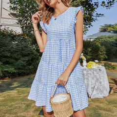 Plaid Flying Sleeves Mid-length Dress