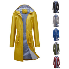 Long Casual Windbreaker Women's Waterproof Hooded Solid Color  Striped Lining Straight Coat