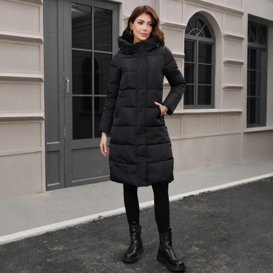 Hooded Thickened Cold-resistant Slim Fit Long Cotton Jacket