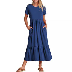 Women's Sub-round Neck Pleating Layered Large Swing Casual Dress