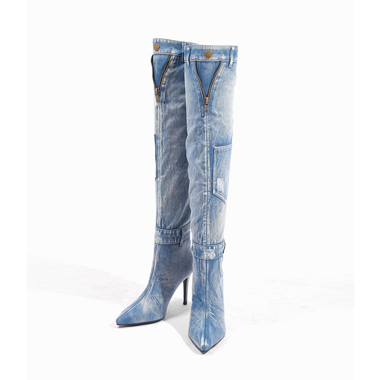 Denim Over The Knee Elegant Slim Heel Heel Riding Boots