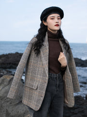 Retro Plaid Woolen Suit Jacket Women's Autumn And Winter Thick Warm Coat Short And Small