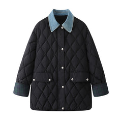 Denim Stitching Diamond Plaid Cotton Coat Jacket Women