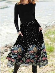 Popular Floral Print Pocket Round Neck Dress