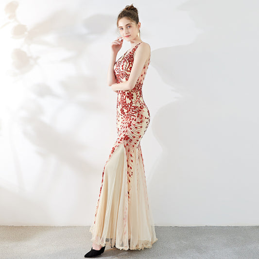 Women's New Banquet Temperament Elegant Evening Dress Fishtail Sequins