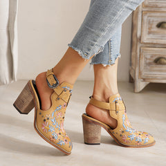 Personalized Retro Embroidered Rivet High Heels Chunky Heel Women's Sandals