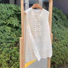 Linen Vest For Women Mid-length Unique Tassel Sleeveless Shirt Summer