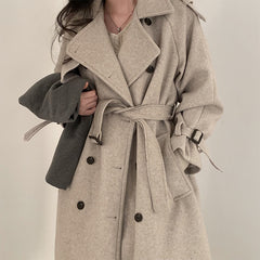 Double Breasted Lace-up Waist-controlled Slimming Mid-length Woolen Coat