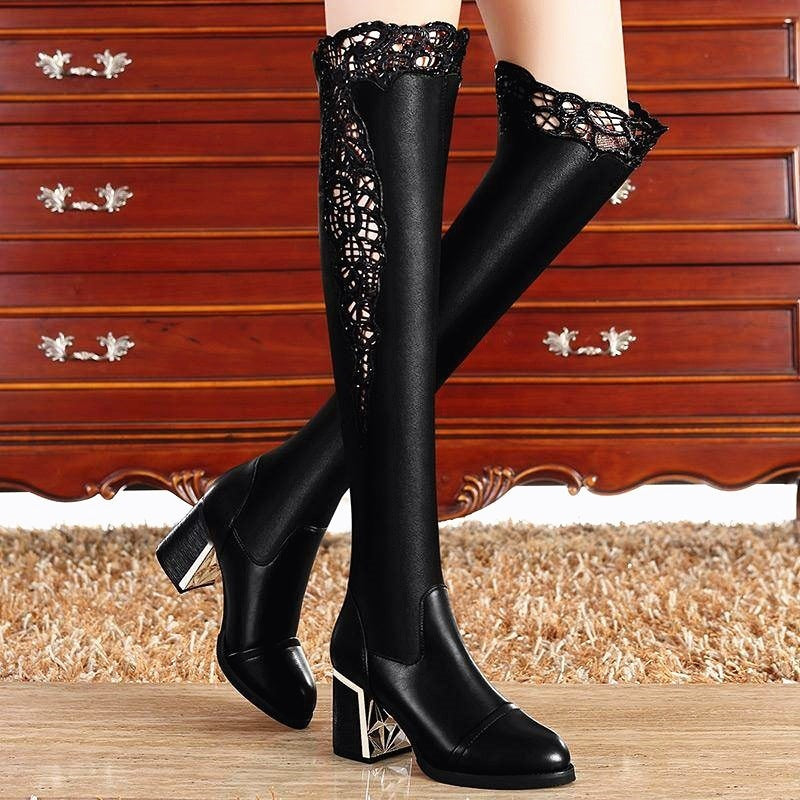 Women's Chunky Heel Boots Fleece-lined Lace