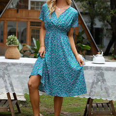 Summer Floral Print Short Sleeved V-neck High Waisted Dress A-line Skirt Mid Length Skirt
