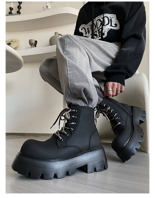 Height Increasing Lace-up Motorcycle Leather Boots