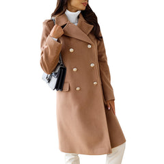 Women's Simple Long Sleeve Lapel Double Breasted Woolen Coat