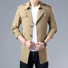 Spring And Autumn Men's Trench Coat With Buttons  Jacket Slim Regular Classic Jacket