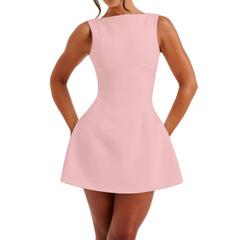 Fashion Sleeveless Backless High Waist Solid Color Slim Fit Short Dress