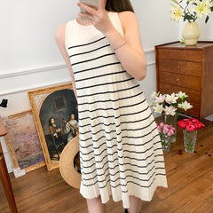 Casual Style A- Line Round Neck Pleated Dress Retro Vacation Striped Knitted Vest Skirt