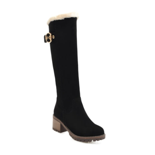 Medium Chunky Heel Suede Buckle Zipper Versatile Warm Knee-length Boots