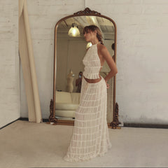 Backless Lace-up Halterneck Sling Top Suit Wooden Ear Pleated Dress