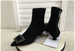 Rhine-drill Pointed High Heels Square Buckle Elastic Boots Large Size Ankle Boots Low Heel