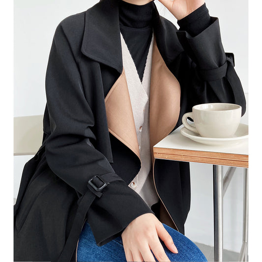 Temperament Stitching Contrast Color Mid-length Windbreaker Jacket Women