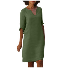 Cotton And Linen V-neck Dress Summer Stitching Retro High Waist Pure Color Dresses