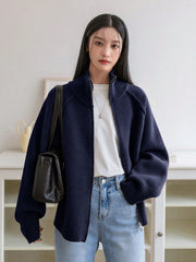 Solid Color Stand Collar Zipper Knitted Cardigan Top