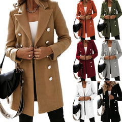 Turndown Collar Jacket For Women Autumn Winter Long-sleeved Double-breasted Woolen Coat