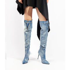 Denim Over The Knee Elegant Slim Heel Heel Riding Boots