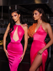 Hollow-out Shiny Rhinestone Collar Halter Dress