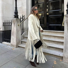 Women's Street Fashion Tassel Long Suit Woolen Coat