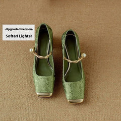 Embossed Silk Kitten Heels Matching Square Head With Thick