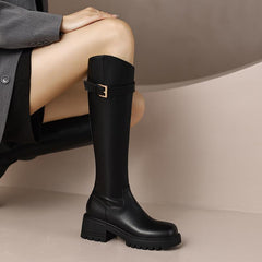 Leather Heel Knee Boots British Style Round Toe Chunky