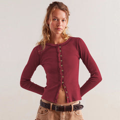 Round Neck Button Rib Solid Color Autumn And Winter Warm Cardigan Jacket For Women