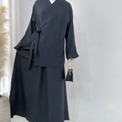Solid Color Casual Lace Up Middle East Dubai Top And Skirt Suit