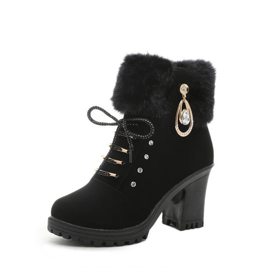 Plush Boots With Lace Up Heels