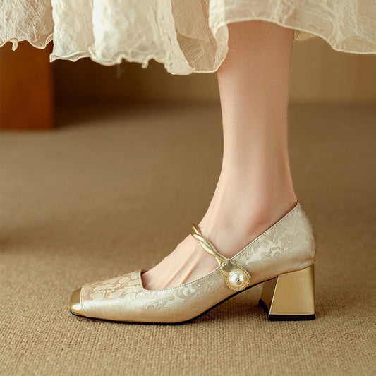 Embossed Silk Kitten Heels Matching Square Head With Thick
