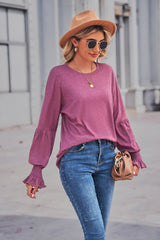 Women's Tops Round Neck Pleated Lantern Sleeve Women's Long European And American T-shirt