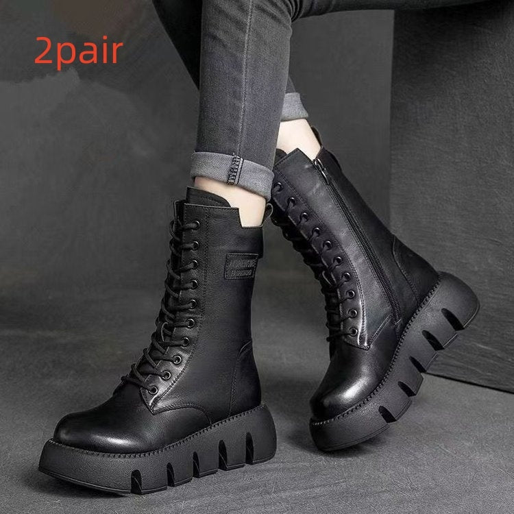 Retro Boots For Women Lace-up Shoes Autumn And Winter Versatile Top Buckle British Boots