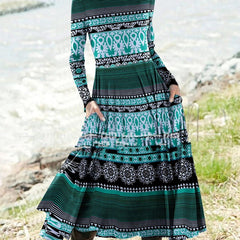 Popular Floral Print Pocket Round Neck Dress