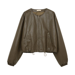 Autumn Drawstring Simple  Leather Jacket Top Fashionable Clothing